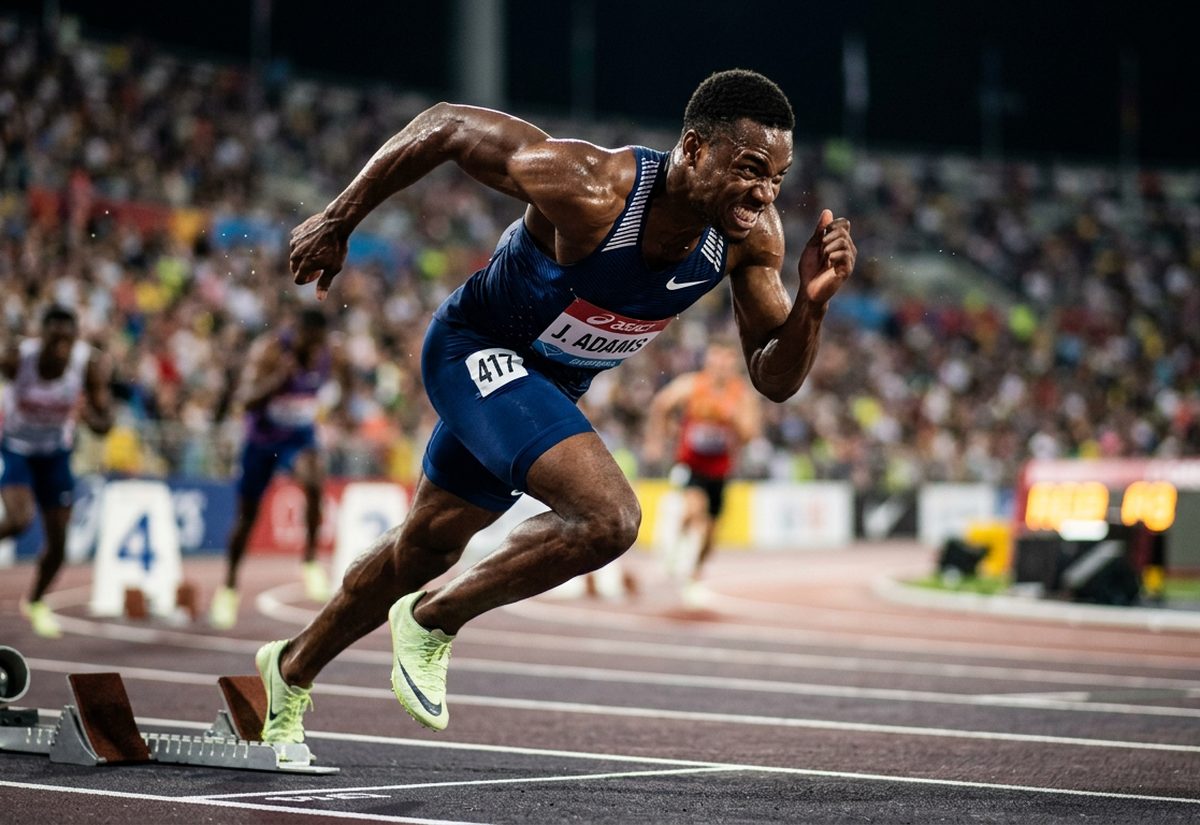 Sprinter im Startblock bei einem Abendwettkampf