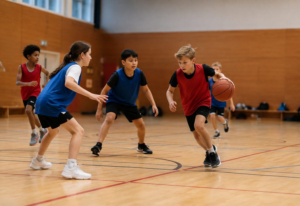 Jugendmannschaft beim Basketballtraining in der Halle